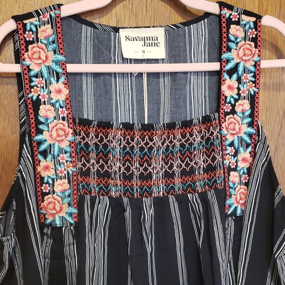 Savanna Jane Black Striped Tank with Coral & Teal Floral Straps